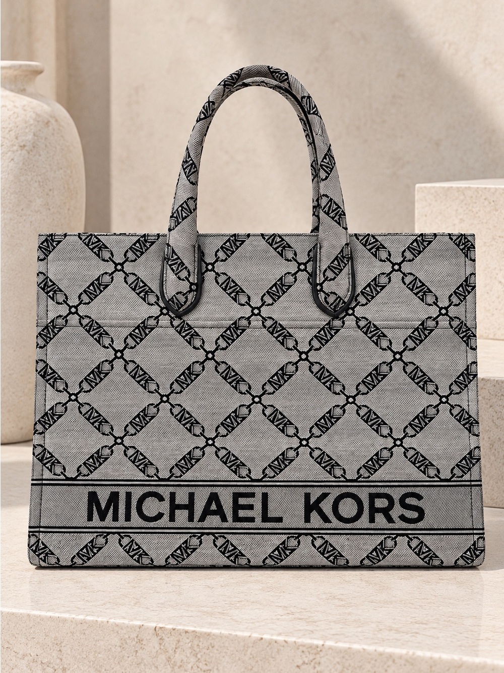 Michael Kors Black and Gray Logo Jacquard Tote